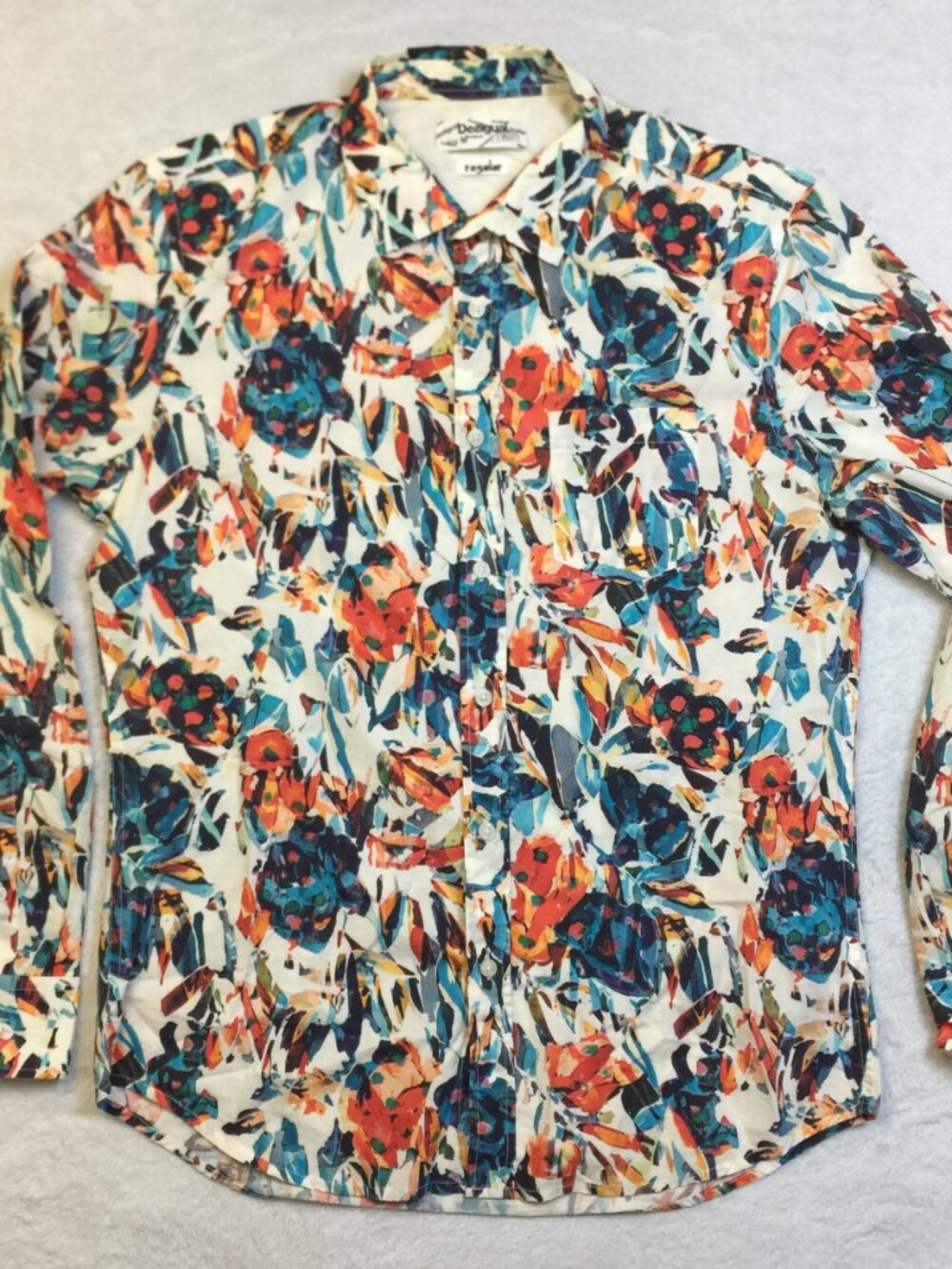 Desigual Shirt Mens Size M White Floral Long Sleeve Button Up Preppy Regular Fit